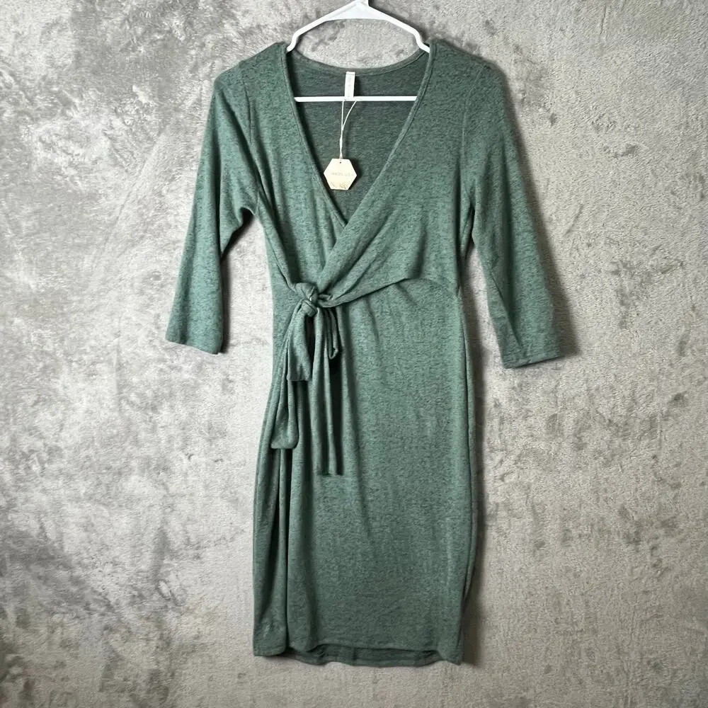 Pinkblush Mint Green Brushed Knit Wrap Fitted Nursing Dress V Neck Small‎ New